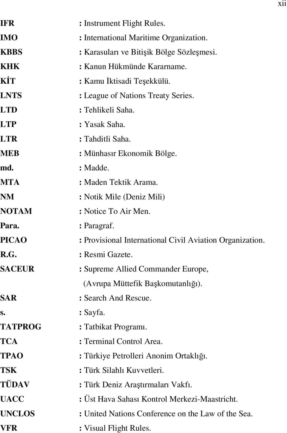 NM : Notik Mile (Deniz Mili) NOTAM : Notice To Air Men. Para. : Paragraf. PICAO : Provisional International Civil Aviation Organization. R.G. : Resmi Gazete.