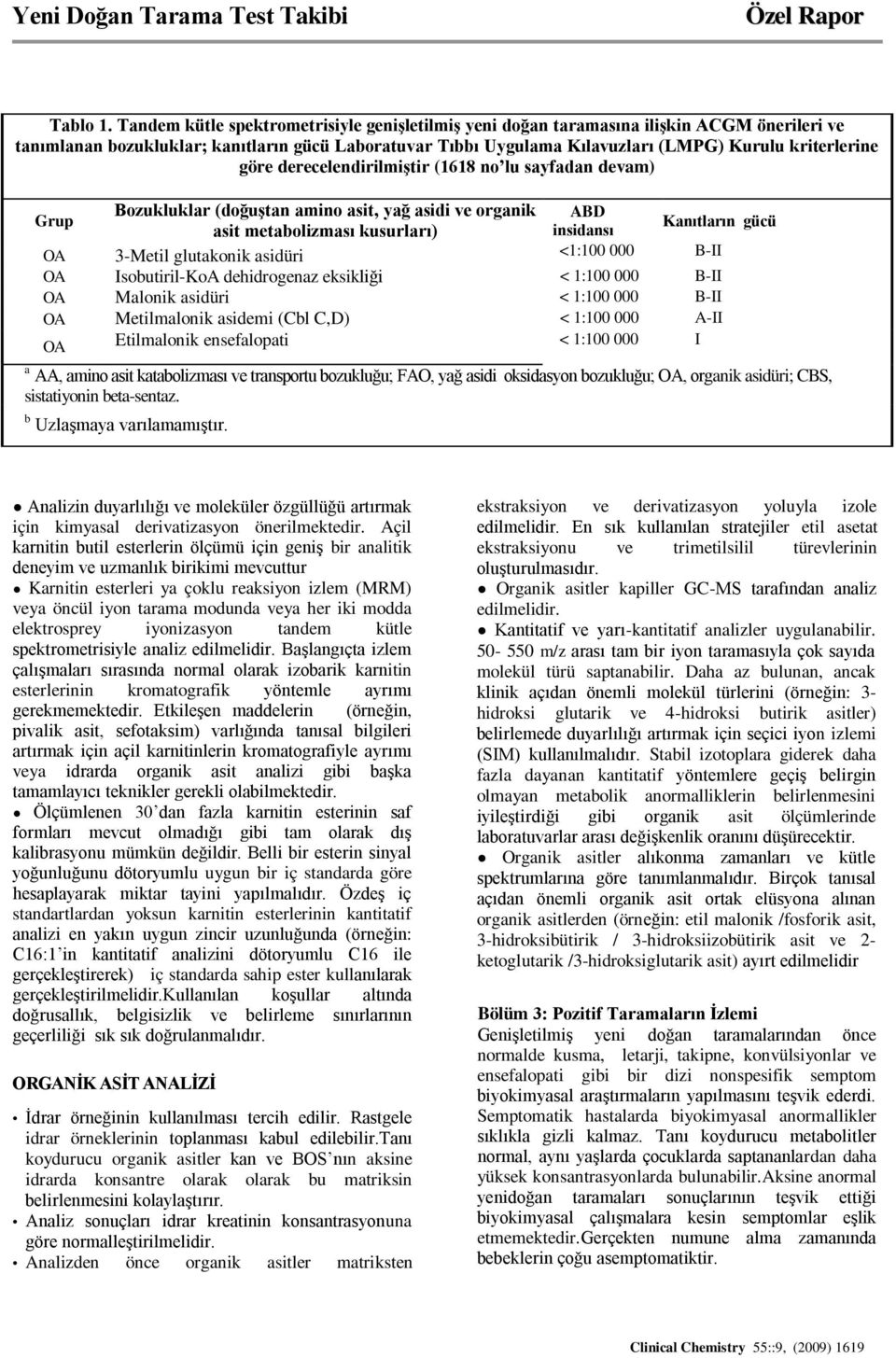 göre derecelendirilmiştir (1618 no lu sayfadan devam) Grup Bozukluklar (doğuştan amino asit, yağ asidi ve organik ABD asit metabolizması kusurları) insidansı Kanıtların gücü OA 3-Metil glutakonik