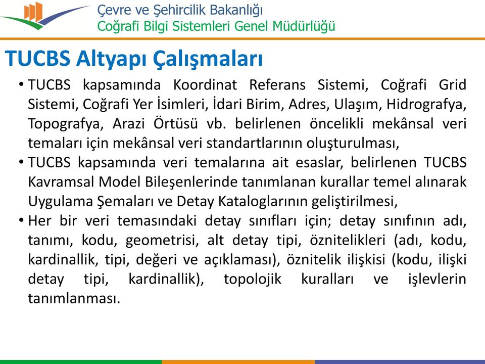 tanımlanan kurallar temel alınarak Uygulama Şemaları ve Detay Kataloglarının geliştirilmesi, Her bir veri temasındaki detay sınıfları için; detay sınıfının adı, tanımı, kodu, geometrisi,