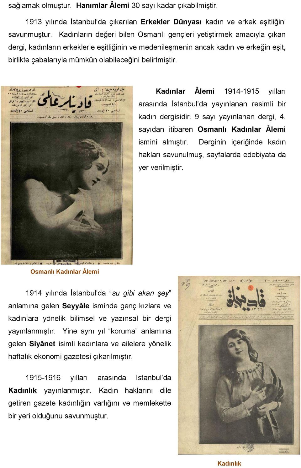 belirtmiştir. Kadınlar Âlemi 1914-1915 yılları arasında İstanbul da yayınlanan resimli bir kadın dergisidir. 9 sayı yayınlanan dergi, 4. sayıdan itibaren Osmanlı Kadınlar Âlemi ismini almıştır.