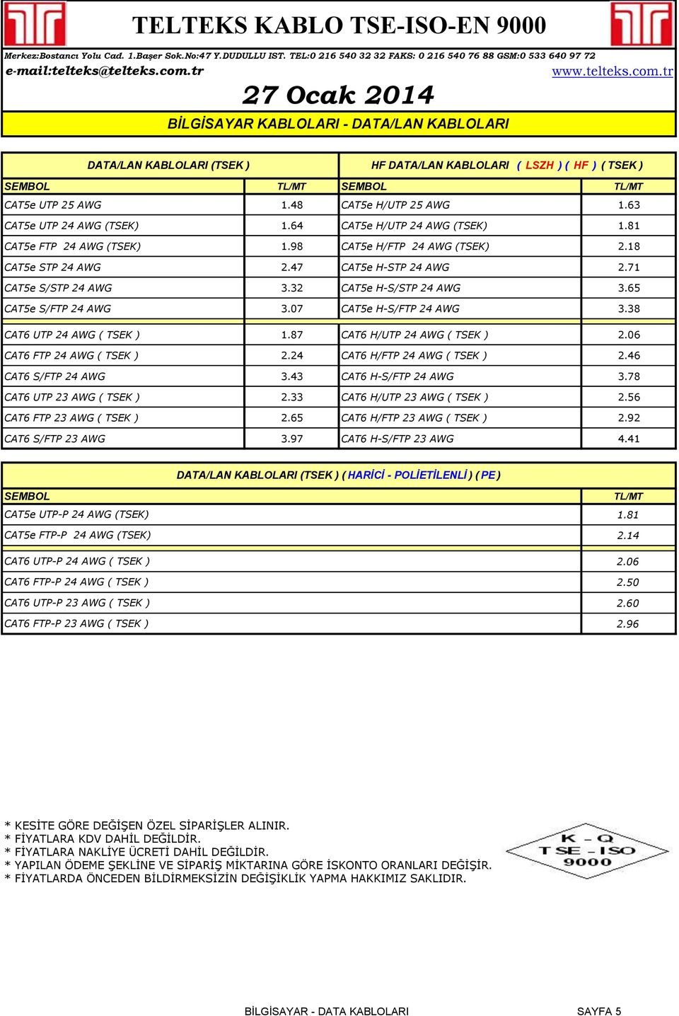 32 CAT5e H-S/STP 24 AWG 3.65 CAT5e S/FTP 24 AWG 3.07 CAT5e H-S/FTP 24 AWG 3.38 CAT6 UTP 24 AWG ( TSEK ) 1.87 CAT6 H/UTP 24 AWG ( TSEK ) 2.06 CAT6 FTP 24 AWG ( TSEK ) 2.24 CAT6 H/FTP 24 AWG ( TSEK ) 2.