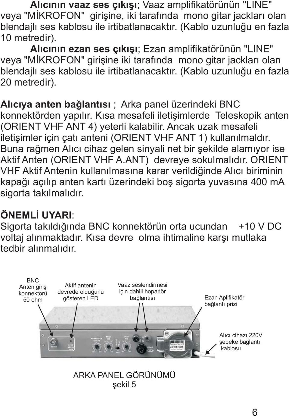 Alýcýnýn ezan ses çýkýþý; Ezan amplifikatörünün "LINE" veya "MÝKROFON" giriþine iki tarafýnda mono gitar jacklarý olan blendajlý ses kablosu ile irtibatlanacaktýr.