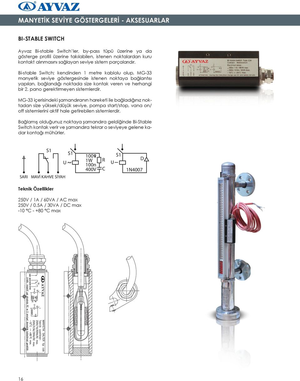 Bi-stable Switch; kendinden 1 metre kablolu olup, MG-33 manyetik seviye göstergesinde istenen noktaya bağlantısı yapılan, bağlandığı noktada size kontak veren ve herhangi bir 2.