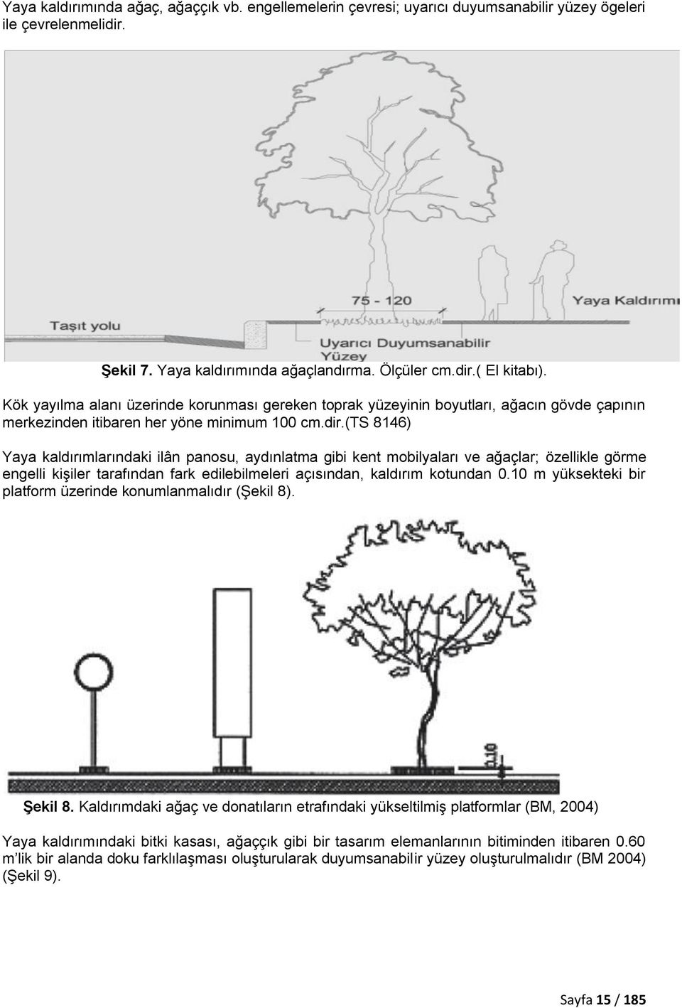 (ts 8146) Yaya kaldırımlarındaki ilân panosu, aydınlatma gibi kent mobilyaları ve ağaçlar; özellikle görme engelli kişiler tarafından fark edilebilmeleri açısından, kaldırım kotundan 0.