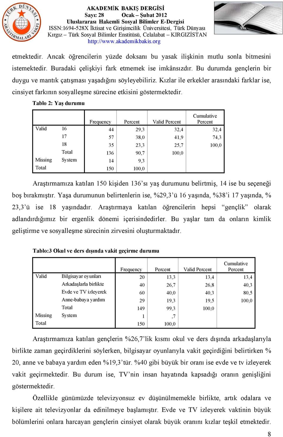 Tablo 2: Yaş durumu Valid 16 44 29,3 32,4 32,4 17 57 38,0 41,9 74,3 18 35 23,3 25,7 100,0 Total 136 90,7 100,0 Missing System 14 9,3 Total 150 100,0 Araştırmamıza katılan 150 kişiden 136 sı yaş