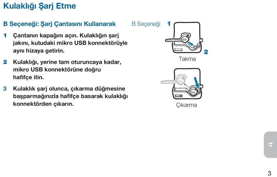 2 Kulaklığı, yerine tam oturuncaya kadar, mikro USB konnektörüne doğru hafifçe itin.