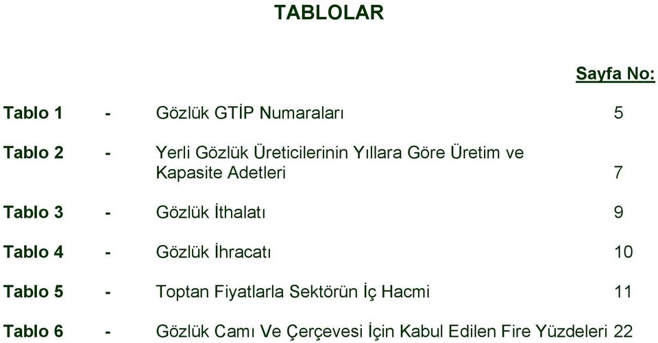 İthalatı 9 Tablo 4 - Gözlük İhracatı 10 Tablo 5 - Toptan Fiyatlarla Sektörün