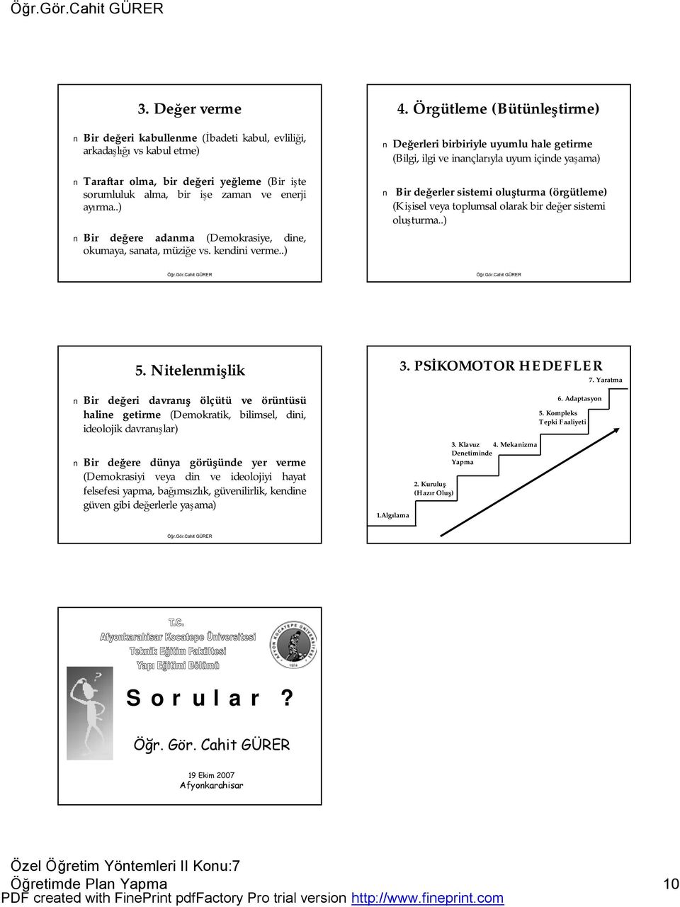 Örgütleme (Bütünleştirme) Değerleri birbiriyle uyumlu hale getirme (Bilgi, ilgi ve inançlarıyla uyum içinde yaşama) Bir değerler sistemi oluşturma (örgütleme) (Kişisel veya toplumsal olarak bir değer