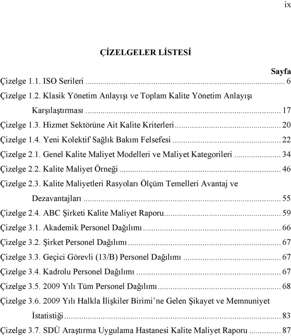 .. 46 Çizelge 2.3. Kalite Maliyetleri Rasyoları Ölçüm Temelleri Avantaj ve Dezavantajları... 55 Çizelge 2.4. ABC Şirketi Kalite Maliyet Raporu... 59 Çizelge 3.1. Akademik Personel Dağılımı.