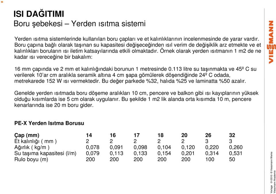 Örnek olarak yerden ısıtmanın 1 m2 de ne kadar ısı vereceğine bir bakalım: 16 mm çapında ve 2 mm et kalınlığındaki borunun 1 metresinde 0.