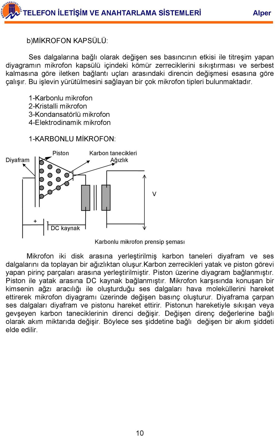 1-Karbonlu mikrofon 2-Kristalli mikrofon 3-Kondansatörlü mikrofon 4-Elektrodinamik mikrofon 1-KARBONLU MİKROFON: Diyafram Piston Karbon tanecikleri Ağızlık V + - DC kaynak Karbonlu mikrofon prensip