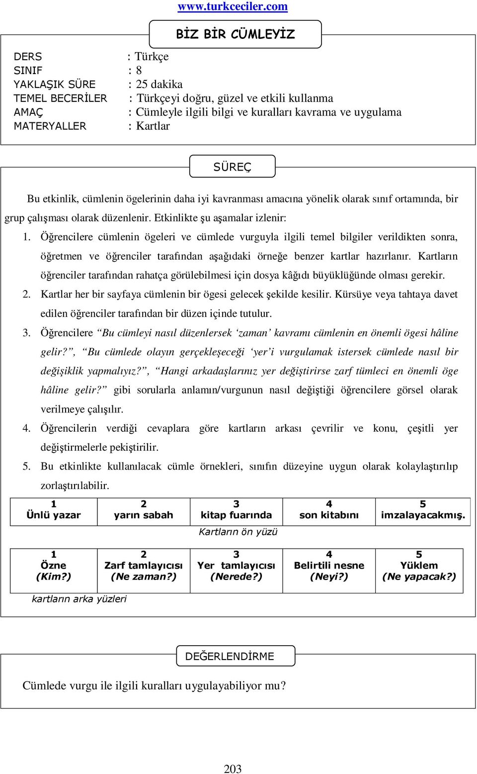 Öğrencilere cümlenin ögeleri ve cümlede vurguyla ilgili temel bilgiler verildikten sonra, öğretmen ve öğrenciler tarafından aşağıdaki örneğe benzer kartlar hazırlanır.