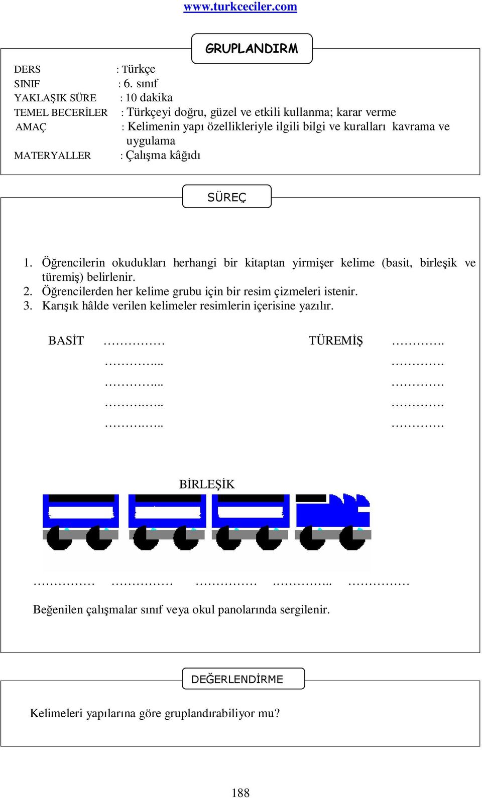 kâğıdı 1. Öğrencilerin okudukları herhangi bir kitaptan yirmişer kelime (basit, birleşik ve türemiş) belirlenir. 2.