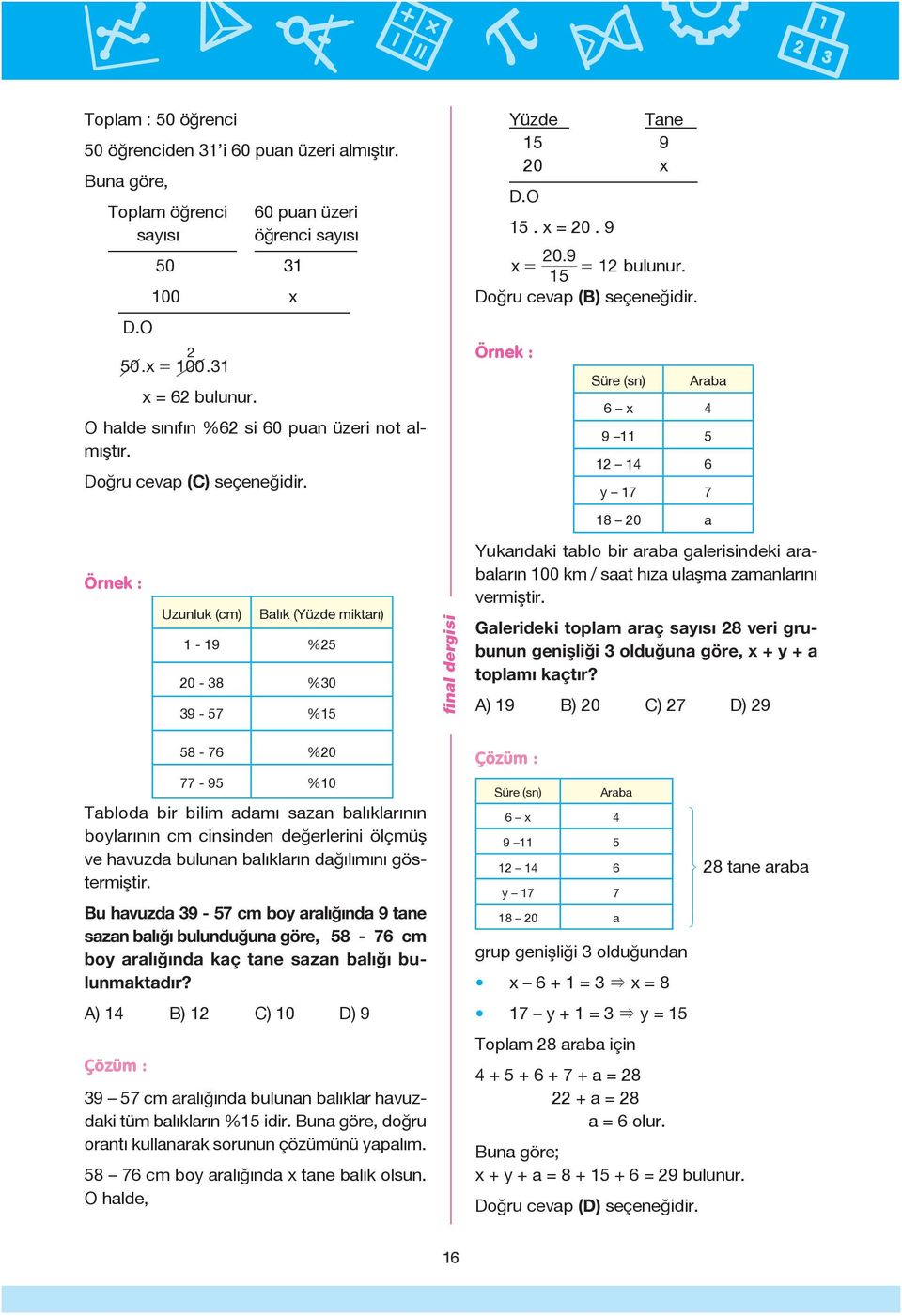 Örnek : Süre (sn) Araba 6 x 4 9 11 5 12 14 6 y 17 7 18 20 a Örnek : Uzunluk (cm) Balık (Yüzde miktarı) 1-19 %25 20-38 %30 39-57 %15 Yukarıdaki tablo bir araba galerisindeki arabaların 100 km / saat