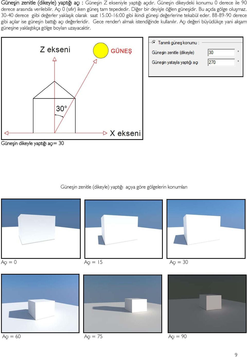 00-16:00 gibi ikindi güneşi değerlerine tekabül eder. 88-89-90 derece gibi açılar ise güneşin battığı açı değerleridir. Gece render'ı almak istendiğinde kullanılır.