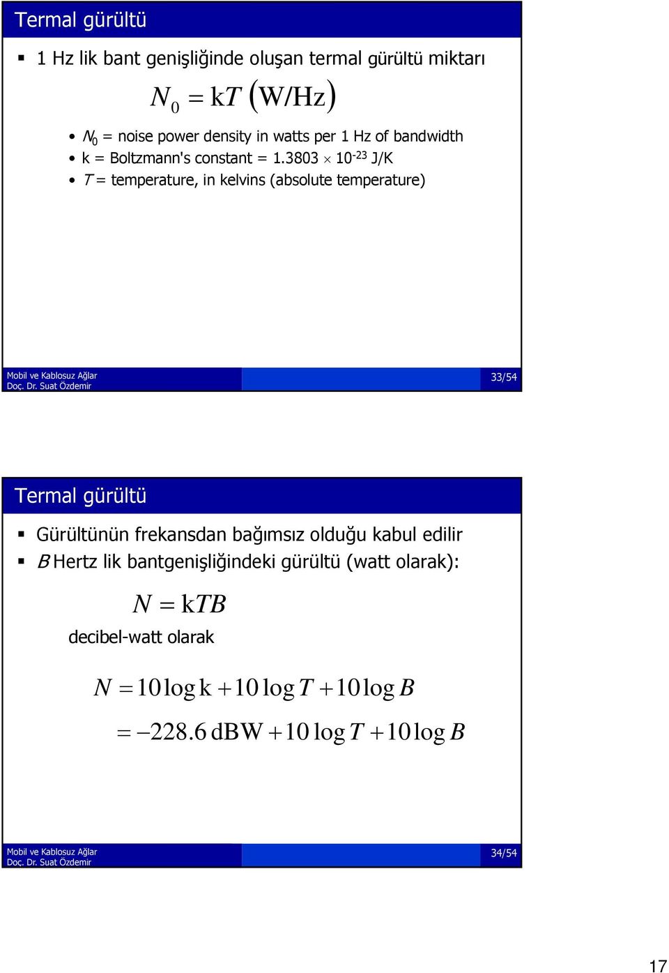 3803 10-23 J/K T = temperature, in kelvins (absolute temperature) 33/54 Termal gürültü Gürültünün frekansdan