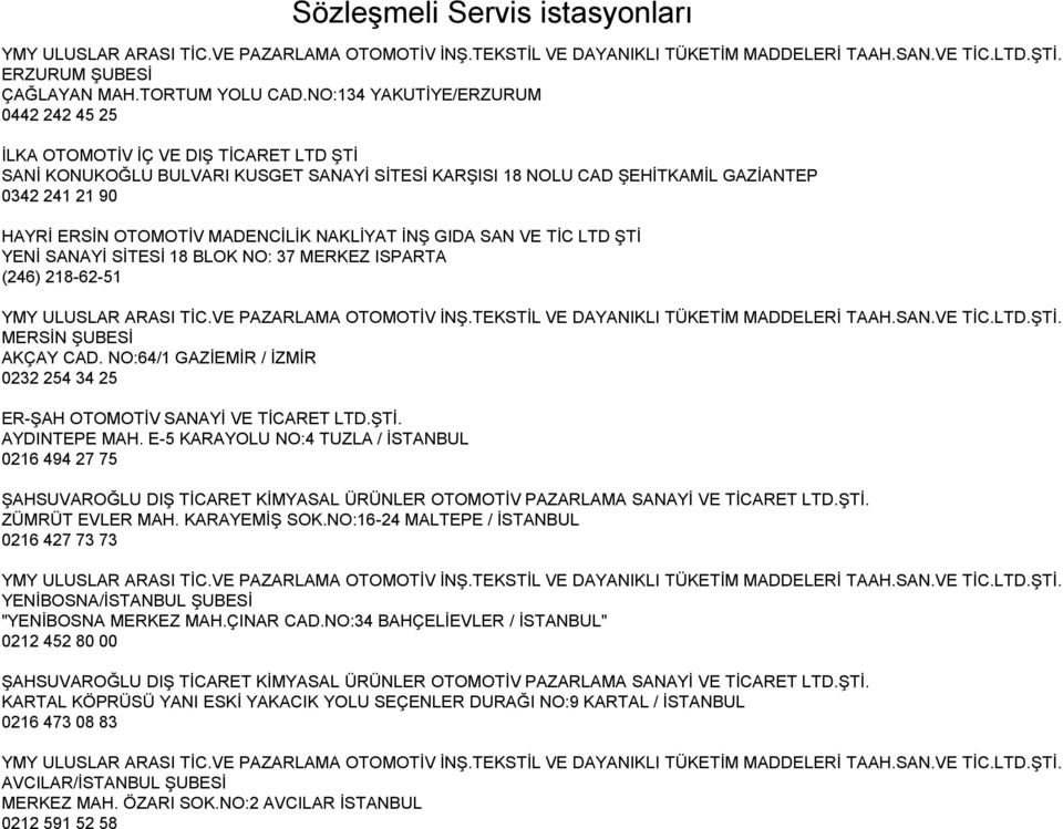 MADENCİLİK NAKLİYAT İNŞ GIDA SAN VE TİC LTD ŞTİ YENİ SANAYİ SİTESİ 18 BLOK NO: 37 MERKEZ ISPARTA (246) 218-62-51 YMY ULUSLAR ARASI TİC.VE PAZARLAMA OTOMOTİV İNŞ.