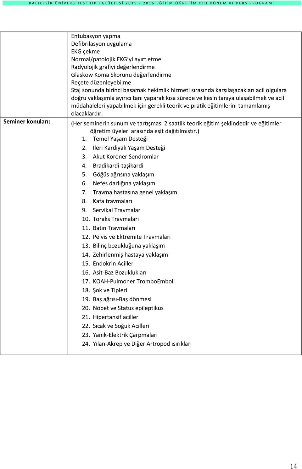 gerekli teorik ve pratik eğitimlerini tamamlamış olacaklardır. (Her seminerin sunum ve tartışması 2 saatlik teorik eğitim şeklindedir ve eğitimler öğretim üyeleri arasında eşit dağıtılmıştır.) 1.