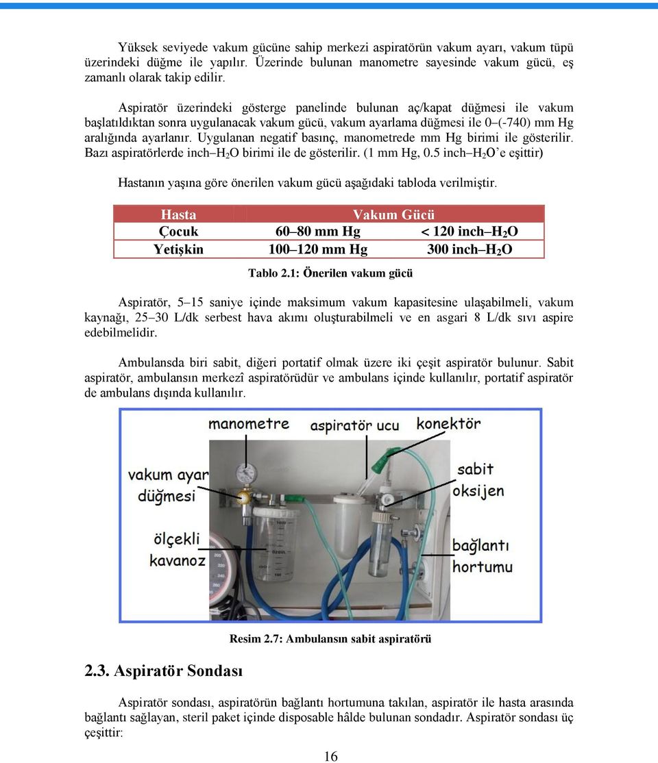 Uygulanan negatif basınç, manometrede mm Hg birimi ile gösterilir. Bazı aspiratörlerde inch H 2 O birimi ile de gösterilir. (1 mm Hg, 0.