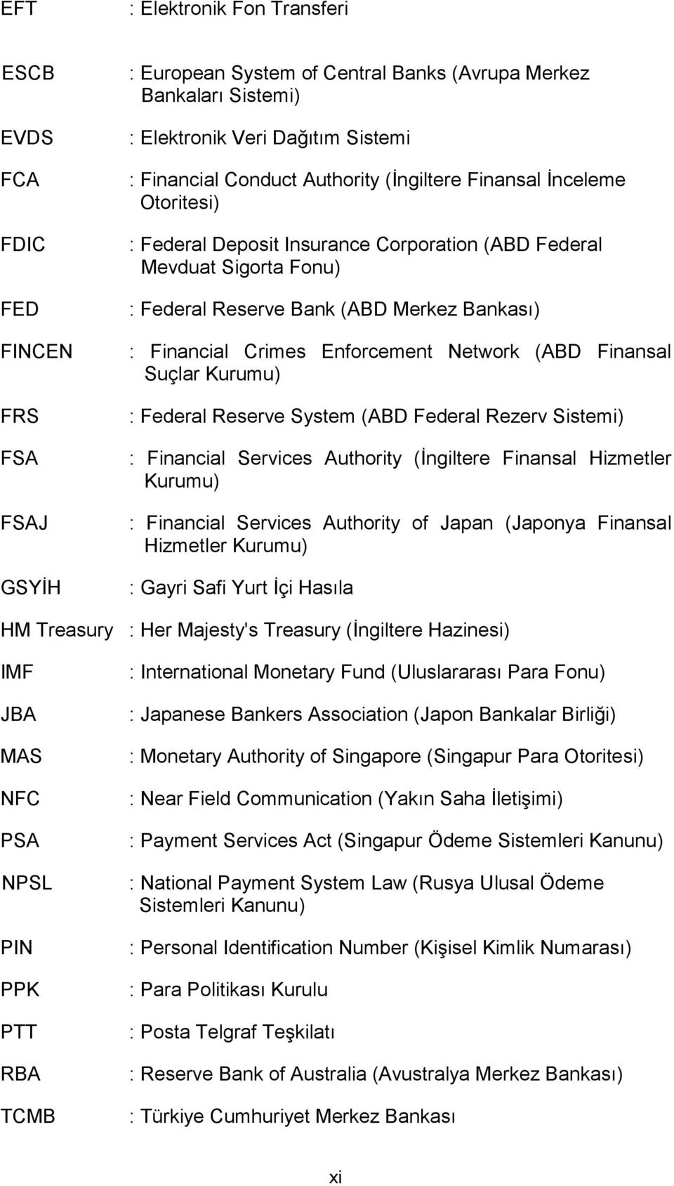 Enforcement Network (ABD Finansal Suçlar Kurumu) : Federal Reserve System (ABD Federal Rezerv Sistemi) : Financial Services Authority (İngiltere Finansal Hizmetler Kurumu) : Financial Services