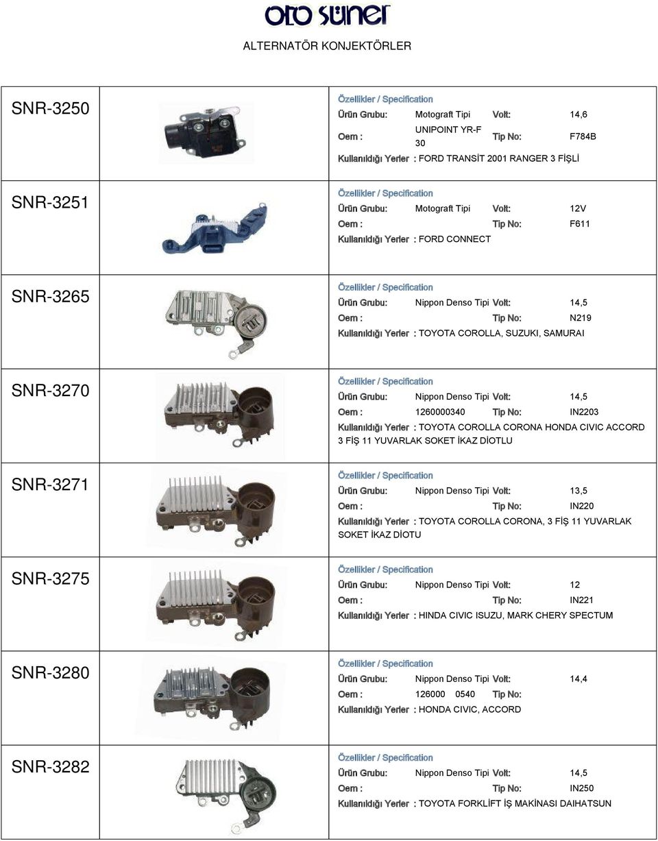 Kullanıldığı Yerler : TOYOTA COROLLA CORONA HONDA CIVIC ACCORD 3 FİŞ 11 YUVARLAK SOKET İKAZ DİOTLU SNR-3271 Ürün Grubu: Nippon Denso Tipi Volt: 13,5 IN220 Kullanıldığı Yerler : TOYOTA COROLLA CORONA,