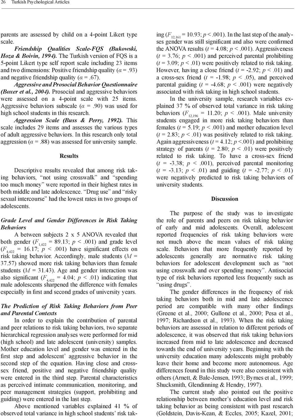 Aggressive and Prosocial Behavior Questionnaire (Boxer et al., 2004). Prosocial and aggressive behaviors were assessed on a 4-point scale with 25 items. Aggressive behaviors subscale (α =.