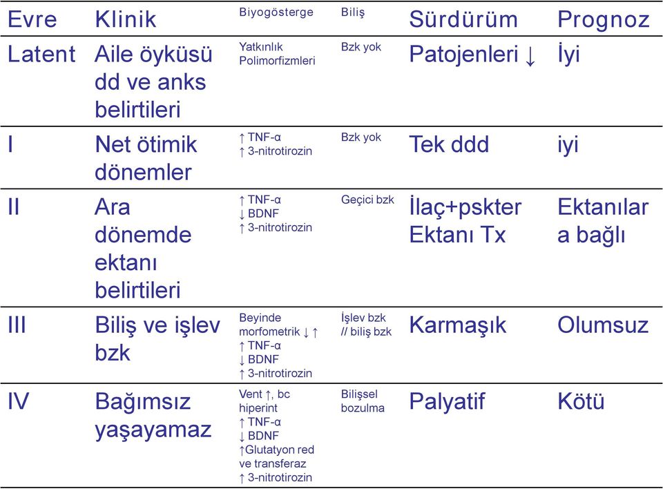 3 nitrotirozin Vent, bc hiperint TNF α BDNF Glutatyon red ve transferaz 3 nitrotirozin Biliş Bzk yok Bzk yok Geçici bzk Sürdürüm