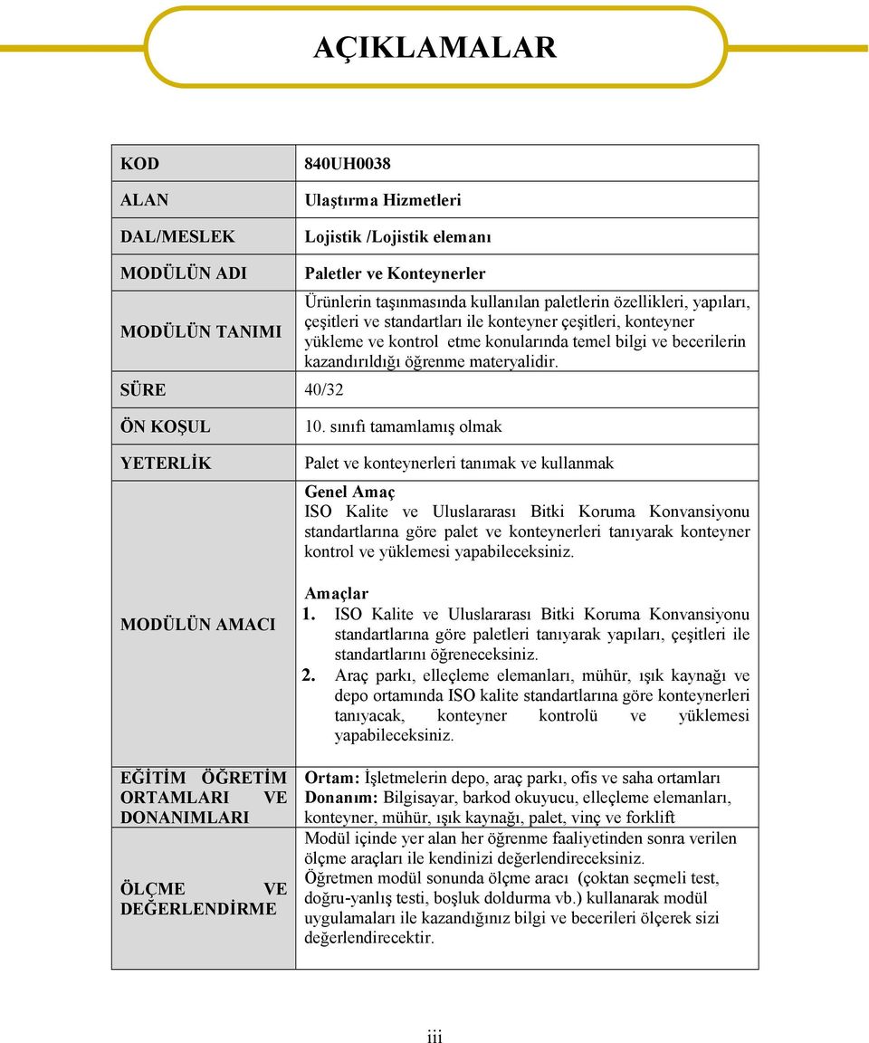 ÖN KOŞUL YETERLİK MODÜLÜN AMACI EĞİTİM ÖĞRETİM ORTAMLARI VE DONANIMLARI ÖLÇME VE DEĞERLENDİRME 10.