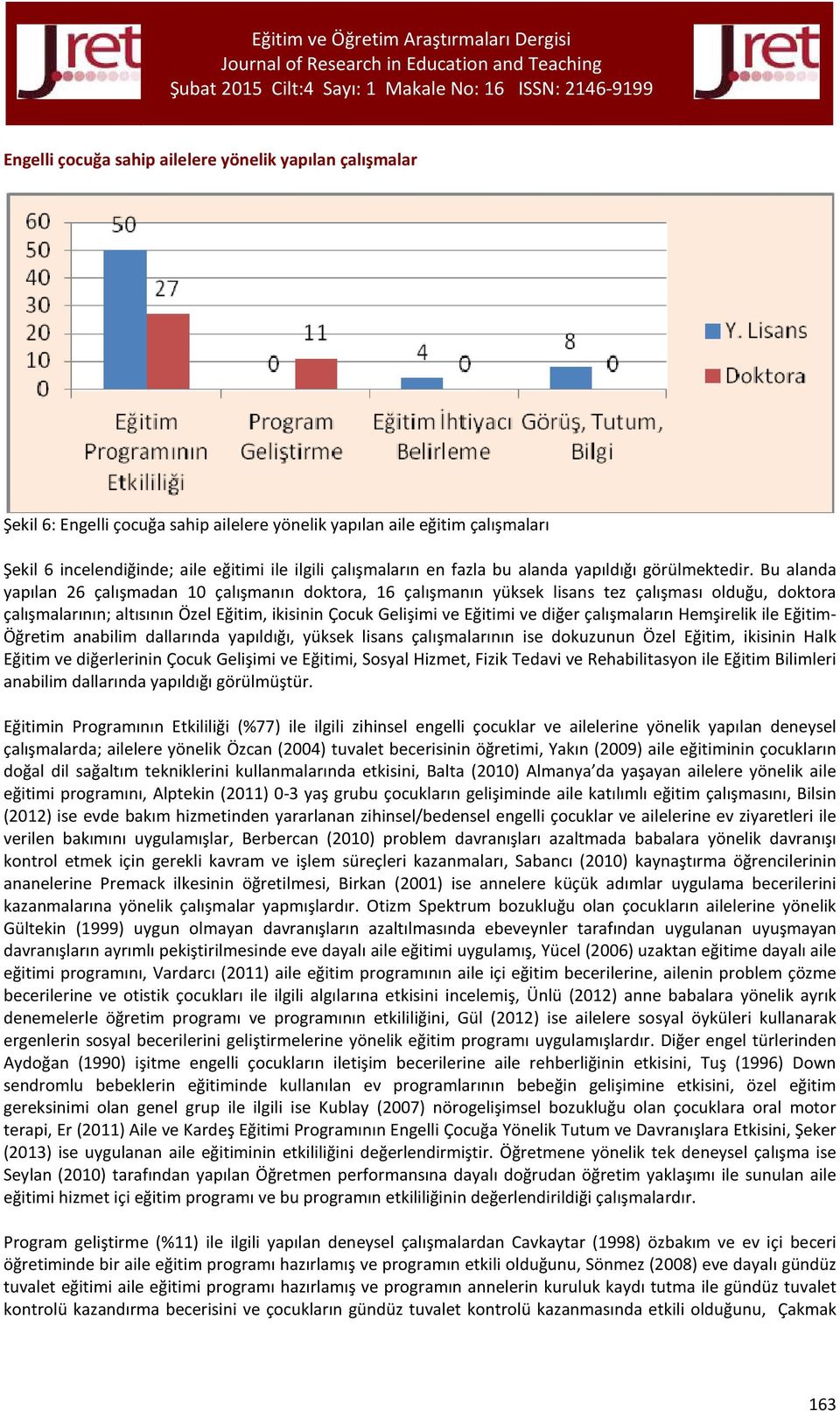 Bu alanda yapılan 26 çalışmadan 10 çalışmanın doktora, 16 çalışmanın yüksek lisans tez çalışması olduğu, doktora çalışmalarının; altısının Özel Eğitim, ikisinin Çocuk Gelişimi ve Eğitimi ve diğer