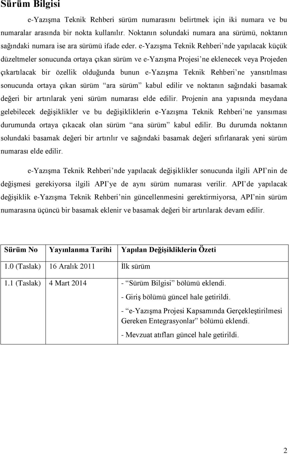 e-yazışma Teknik Rehberi nde yapılacak küçük düzeltmeler sonucunda ortaya çıkan sürüm ve e-yazışma Projesi ne eklenecek veya Projeden çıkartılacak bir özellik olduğunda bunun e-yazışma Teknik Rehberi