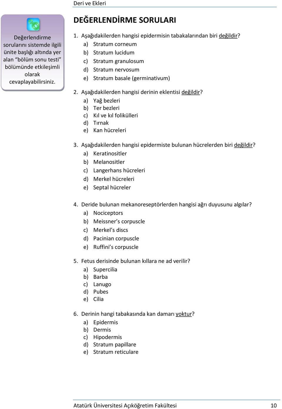 Aşağıdakilerden hangisi derinin eklentisi değildir? a) Yağ bezleri b) Ter bezleri c) Kıl ve kıl folikülleri d) Tırnak e) Kan hücreleri 3.