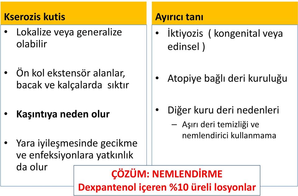 Yara iyileşmesinde gecikme ve enfeksiyonlara yatkınlık da olur Diğer kuru deri nedenleri Aşırı deri