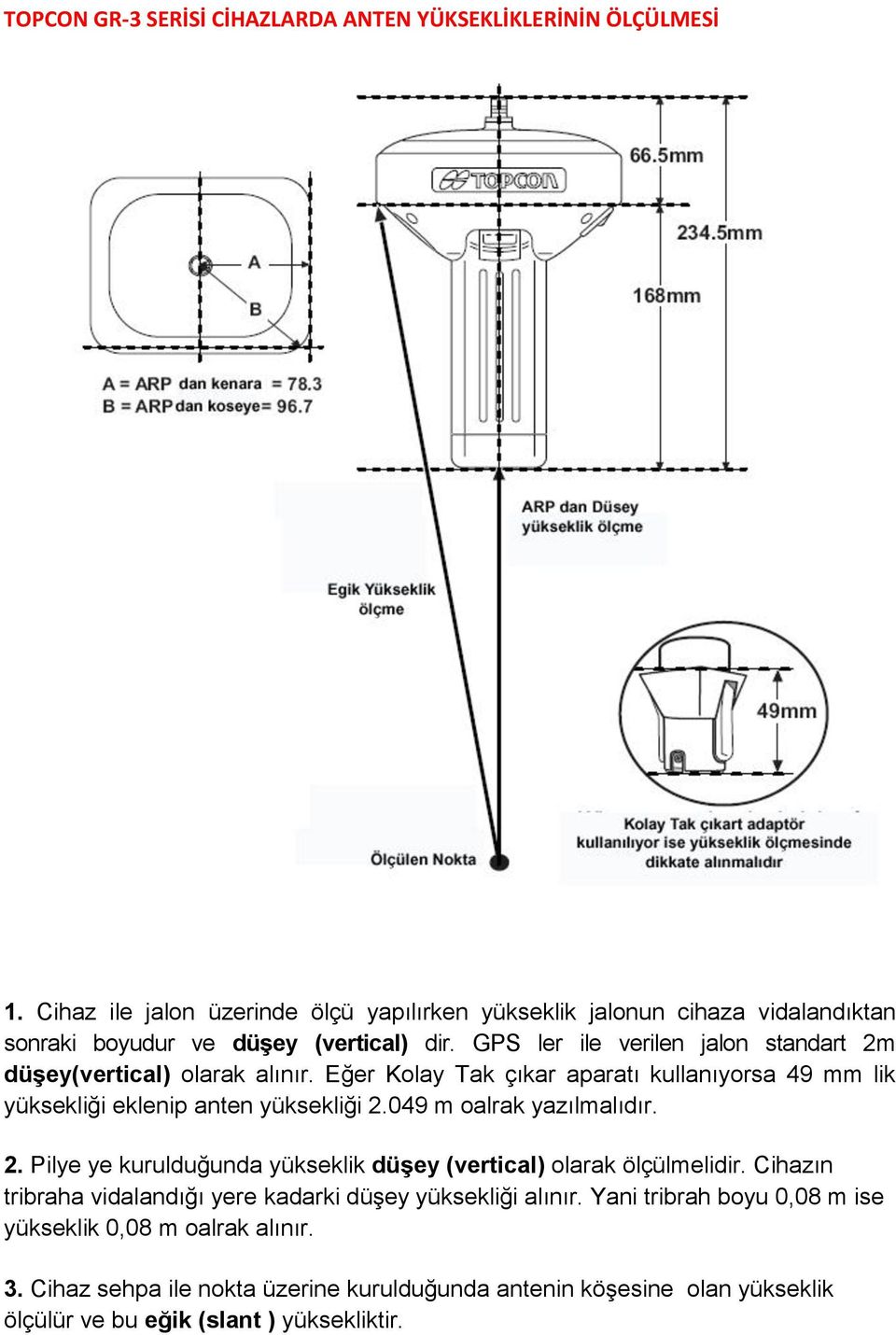 GPS ler ile verilen jalon standart 2m düşey(vertical) olarak alınır. Eğer Kolay Tak çıkar aparatı kullanıyorsa 49 mm lik yüksekliği eklenip anten yüksekliği 2.