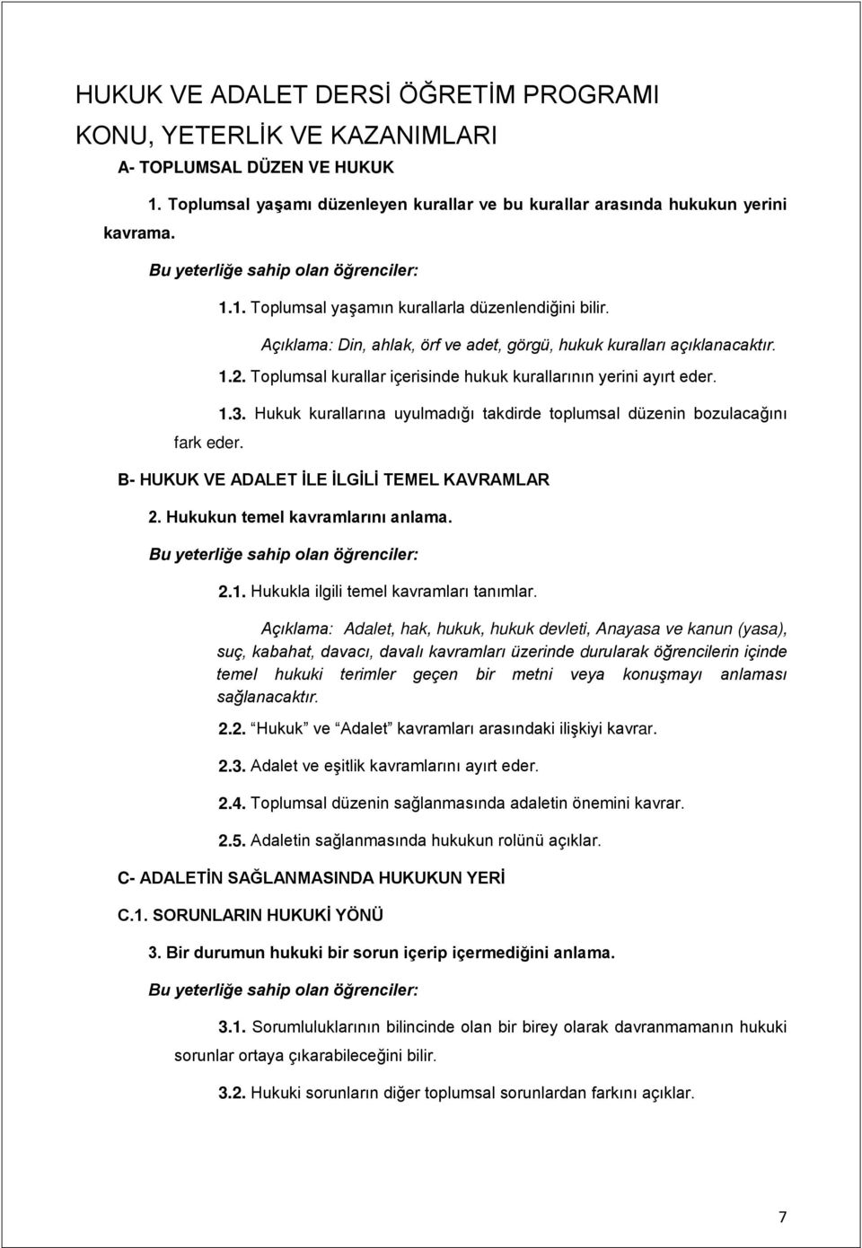 Hukuk kurallarına uyulmadığı takdirde toplumsal düzenin bozulacağını fark eder. B- HUKUK VE ADALET İLE İLGİLİ TEMEL KAVRAMLAR 2. Hukukun temel kavramlarını anlama. 2.1.