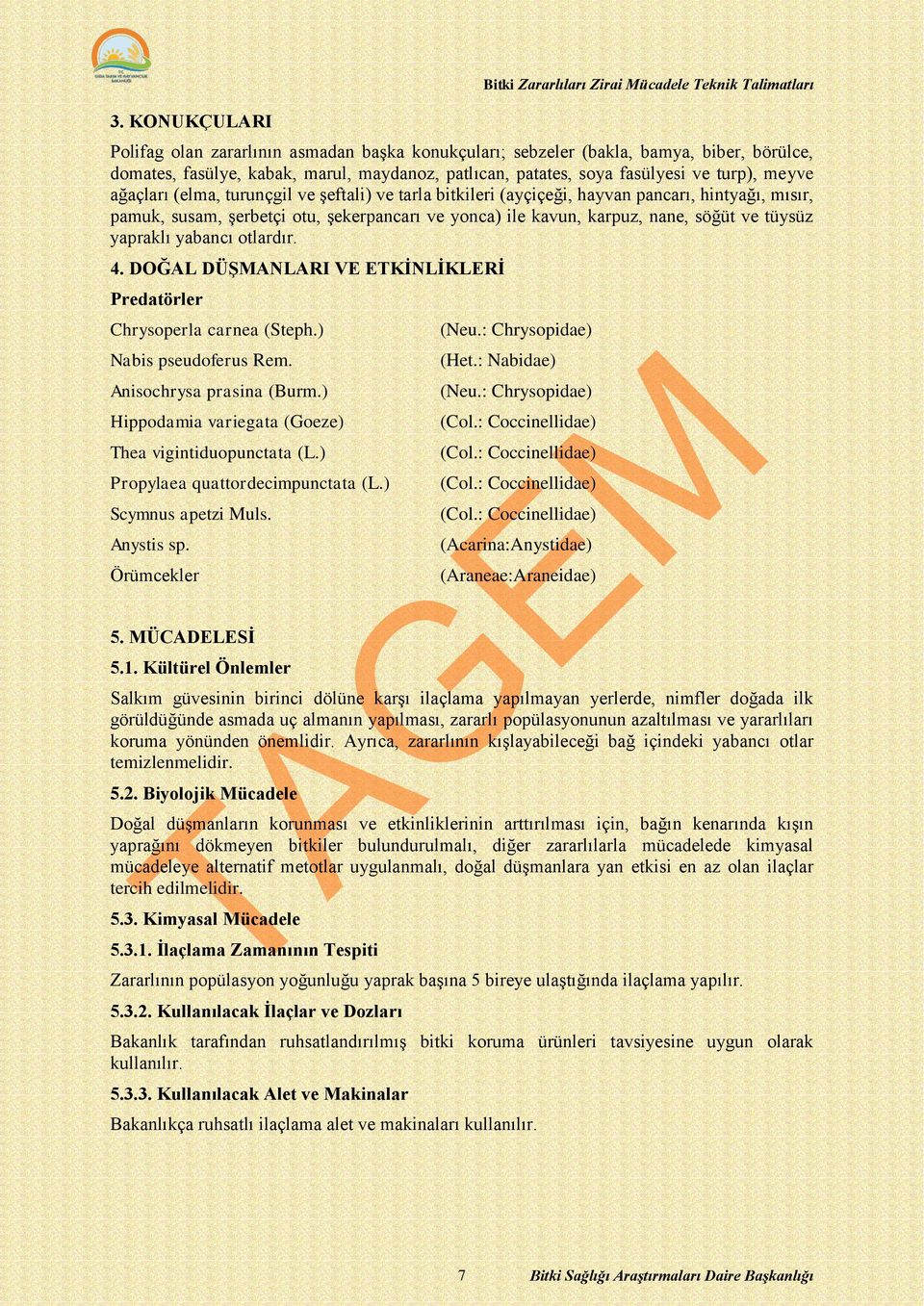 yonca) ile kavun, karpuz, nane, söğüt ve tüysüz yapraklı yabancı otlardır. 4. DOĞAL DÜŞMANLARI VE ETKİNLİKLERİ Predatörler Chrysoperla carnea (Steph.) Nabis pseudoferus Rem. Anisochrysa prasina (Burm.