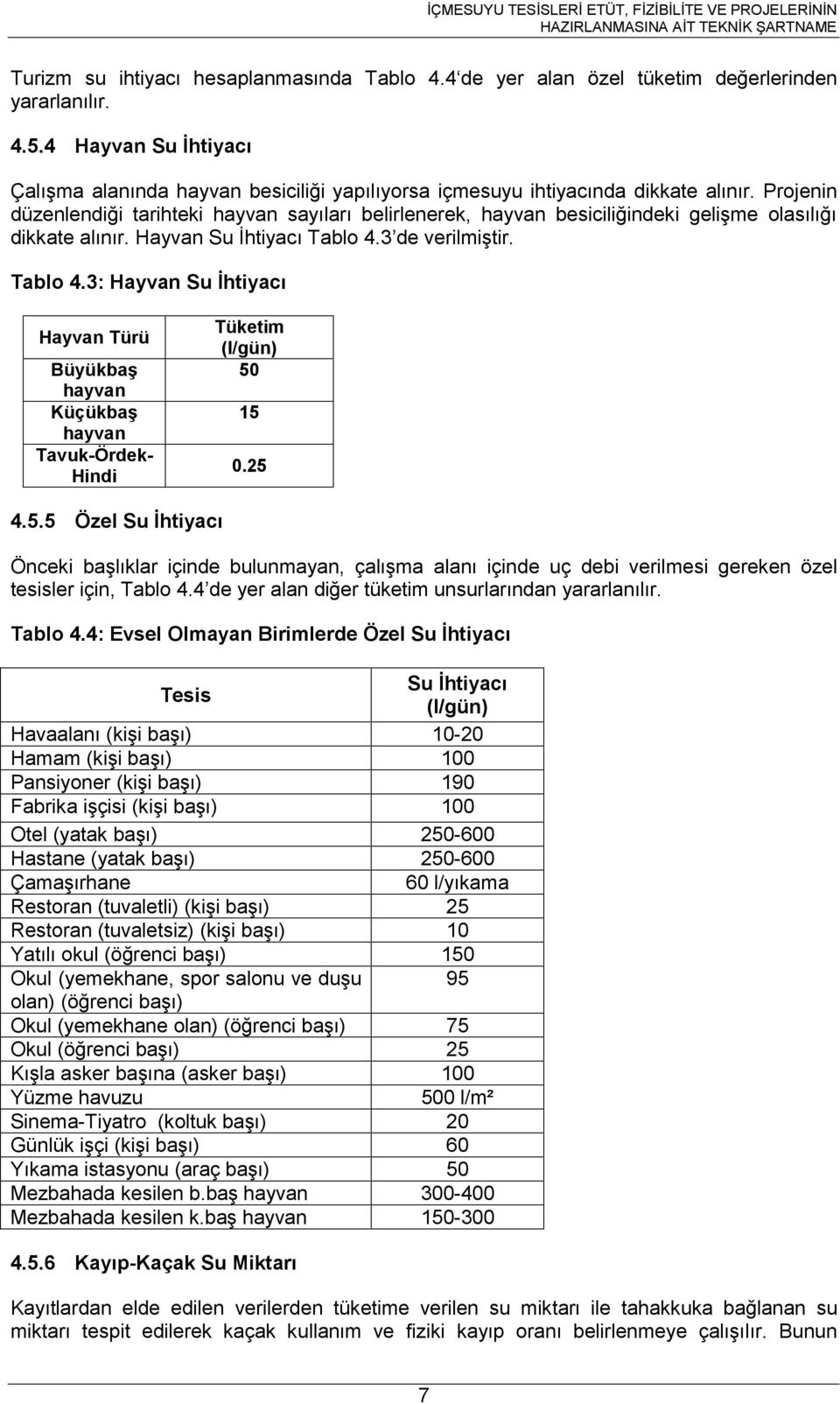 Projenin düzenlendiği tarihteki hayvan sayıları belirlenerek, hayvan besiciliğindeki gelişme olasılığı dikkate alınır. Hayvan Su İhtiyacı Tablo 4.