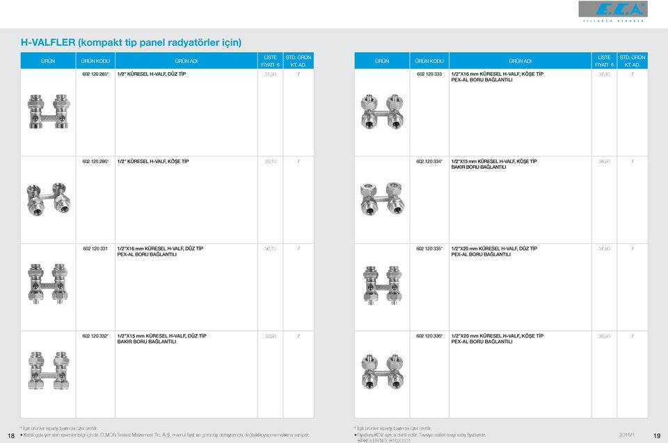 BORU BAĞLANTILI 3,10 7 02 120 335* 1/2 X20 mm KÜRESEL H-VALF, DÜZ TİP PEX-AL BORU BAĞLANTILI 37,80 7 02 120 332* 1/2 X mm KÜRESEL H-VALF, DÜZ TİP BAKIR BORU BAĞLANTILI 33,90 7