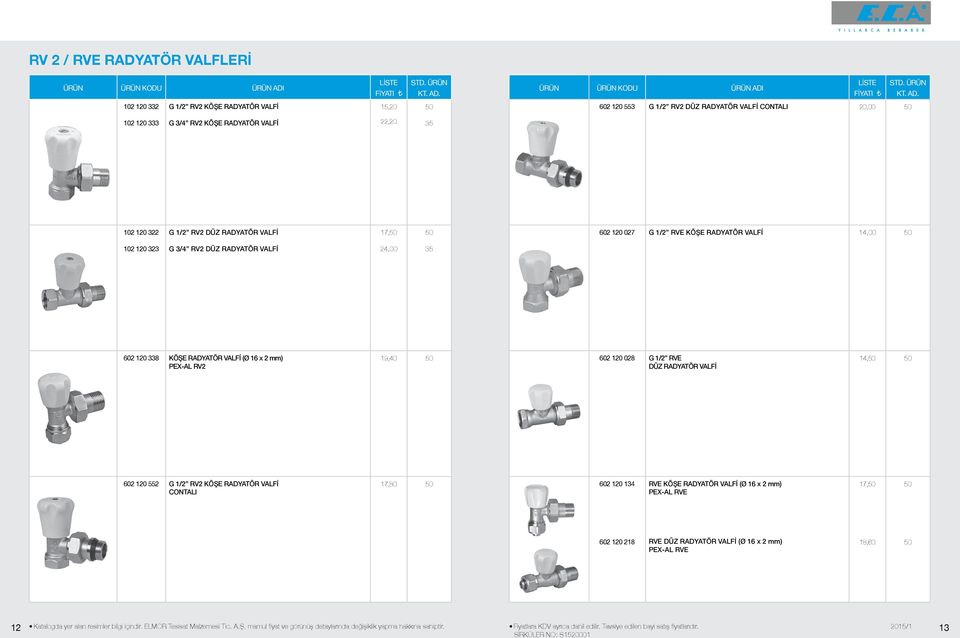 RADYATÖR VALFİ,00 35 02 120 338 KÖŞE RADYATÖR VALFİ (Ø 1 x 2 mm) PEX-AL RV2 19,40 02 120 028 G 1/2 RVE DÜZ RADYATÖR VALFİ 14, 02 120 552 G 1/2 RV2 KÖŞE