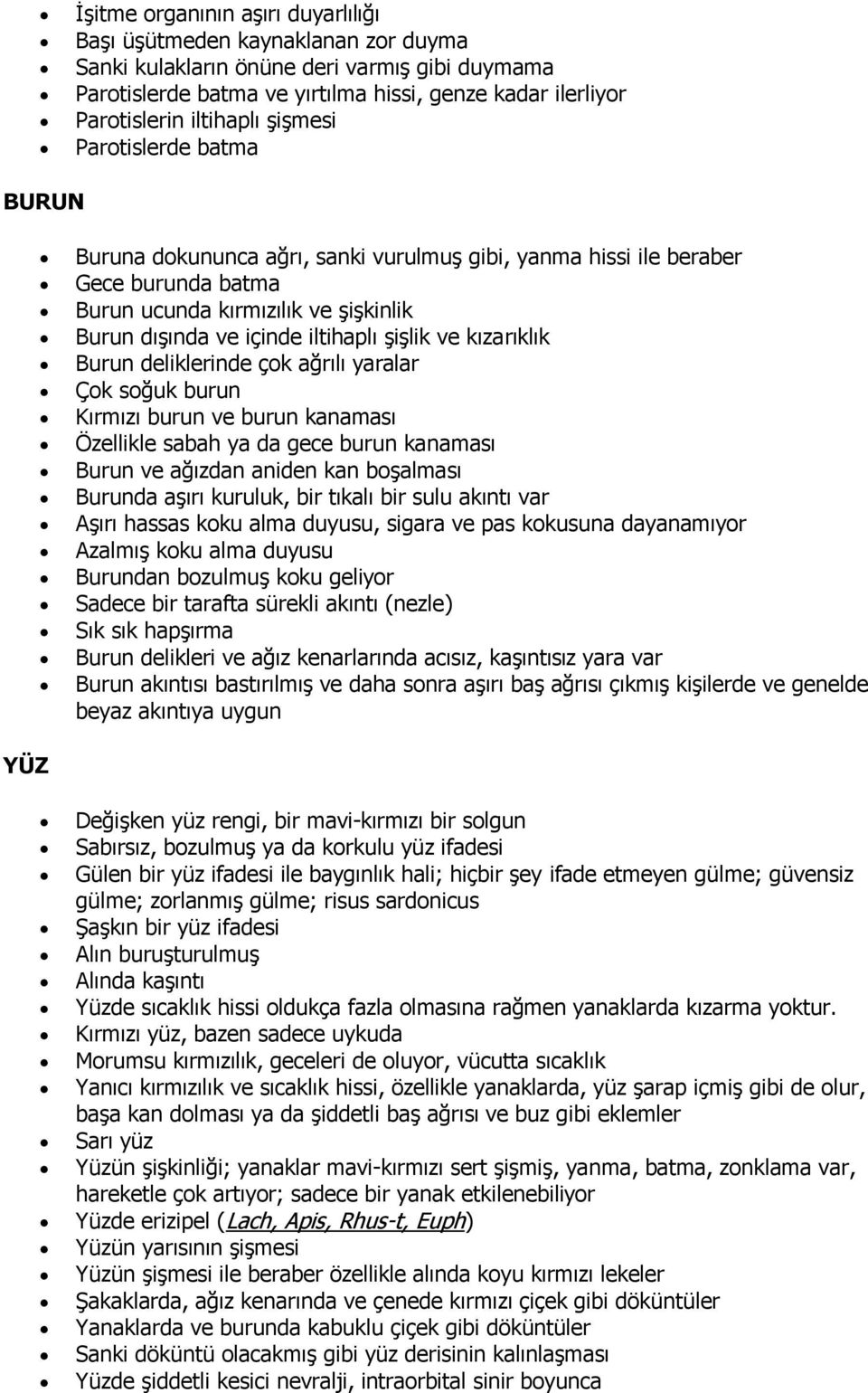 iltihaplı şişlik ve kızarıklık Burun deliklerinde çok ağrılı yaralar Çok soğuk burun Kırmızı burun ve burun kanaması Özellikle sabah ya da gece burun kanaması Burun ve ağızdan aniden kan boşalması