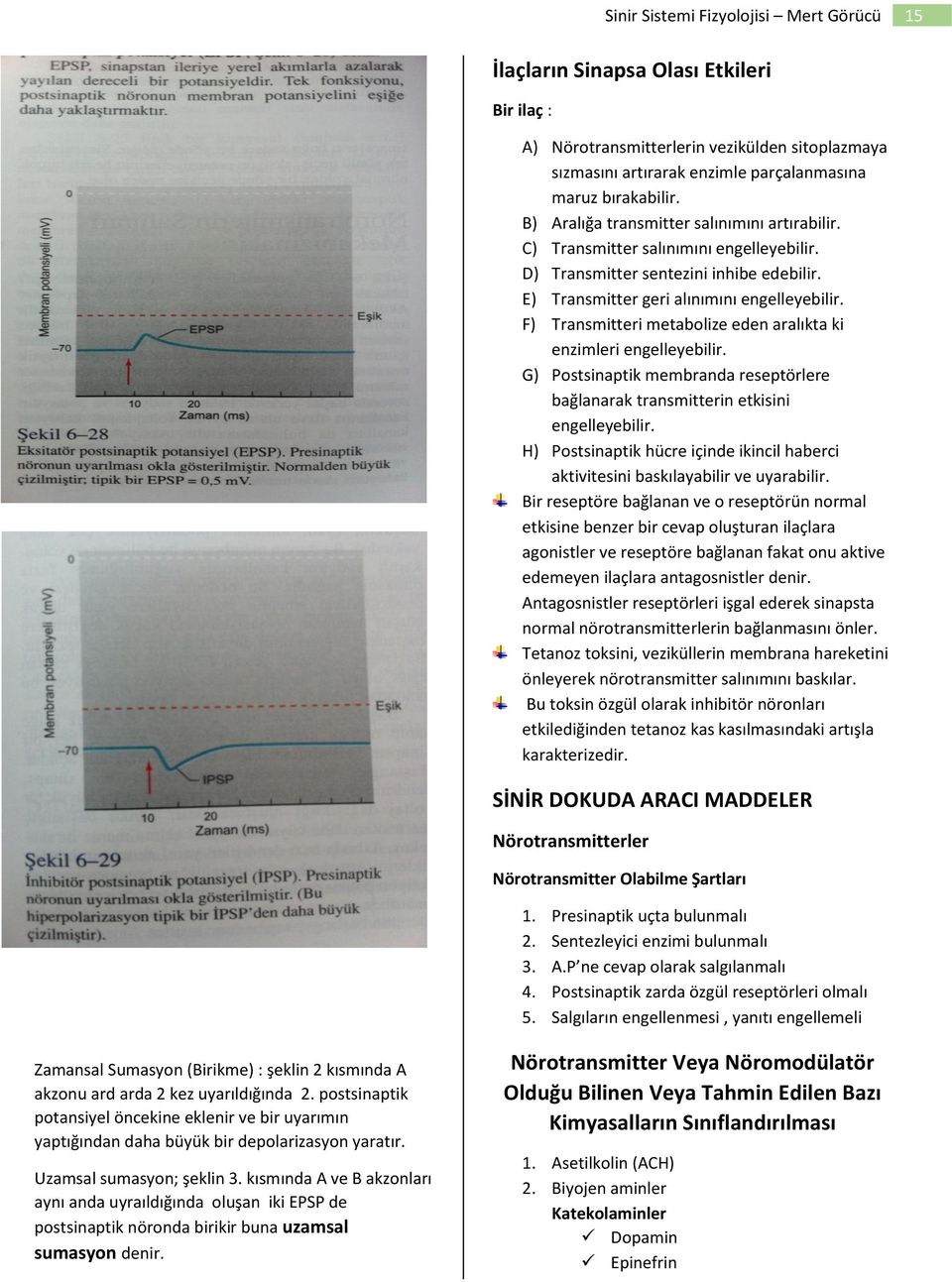 F) Transmitteri metabolize eden aralıkta ki enzimleri engelleyebilir. G) Postsinaptik membranda reseptörlere bağlanarak transmitterin etkisini engelleyebilir.