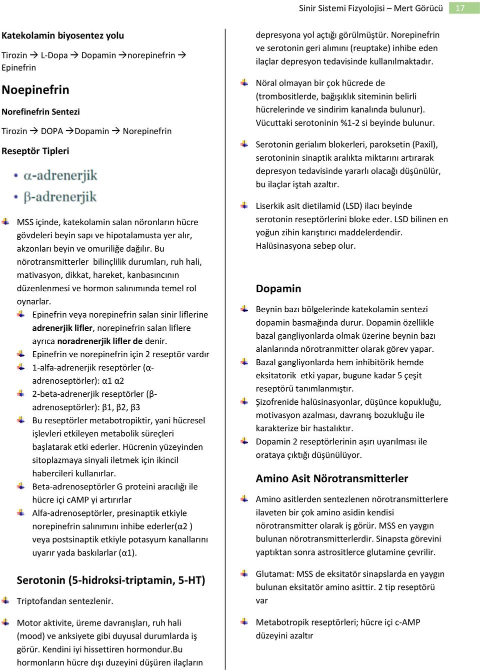 Bu nörotransmitterler bilinçlilik durumları, ruh hali, mativasyon, dikkat, hareket, kanbasıncının düzenlenmesi ve hormon salınımında temel rol oynarlar.