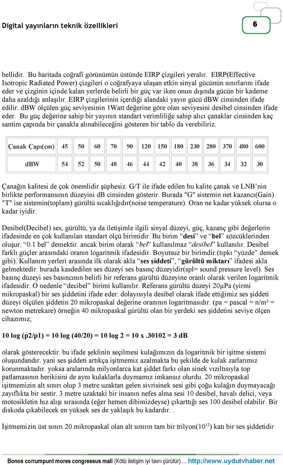 kademe daha azaldığı anlaşılır. EIRP çizgilerinin içerdiği alandaki yayın gücü dbw cinsinden ifade edilir. dbw ölçülen güç seviyesinin Watt değerine göre olan seviyesini desibel cinsinden ifade eder.