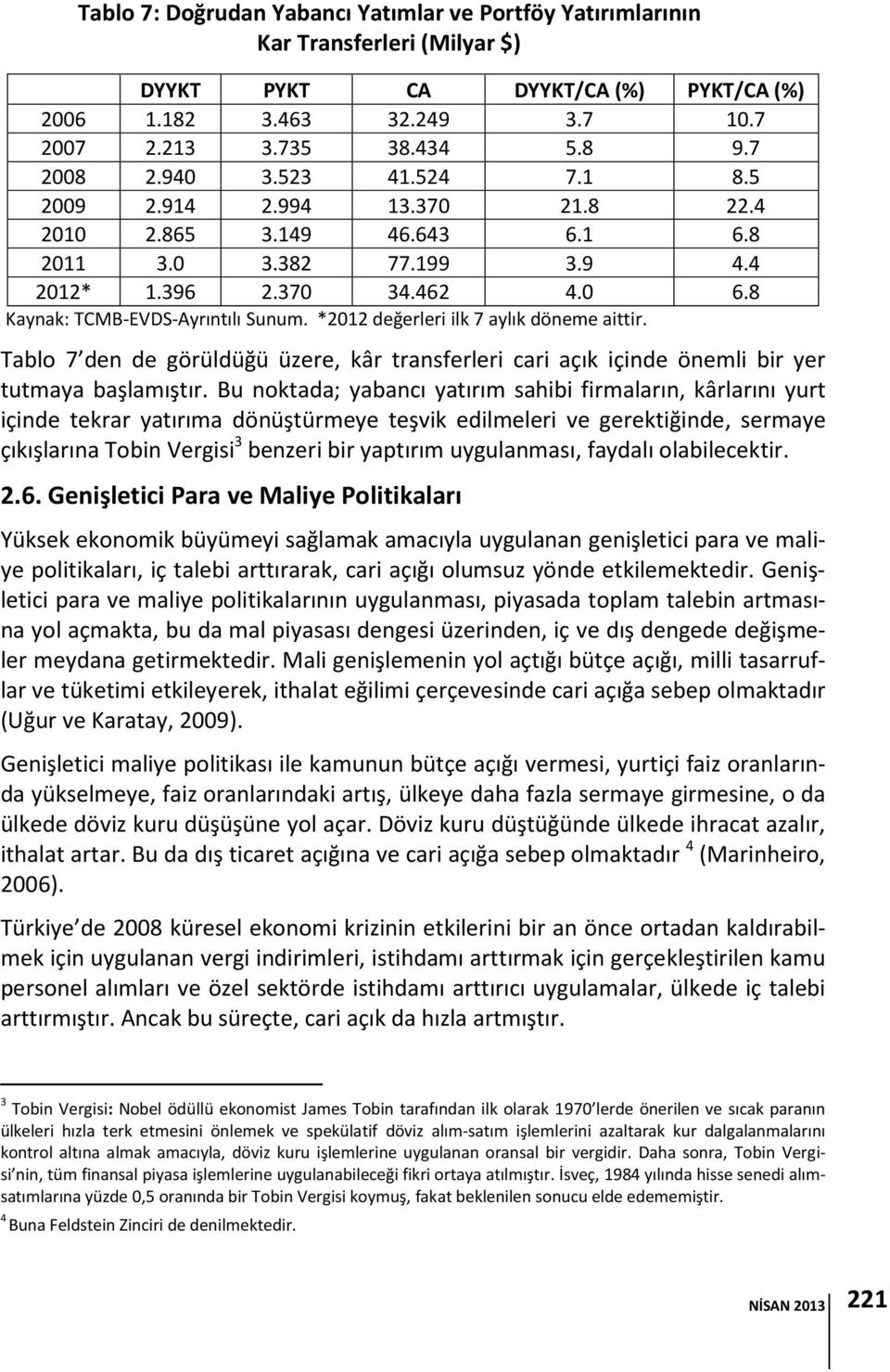 *2012 değerleri ilk 7 aylık döneme aittir. Tablo 7 den de görüldüğü üzere, kâr transferleri cari açık içinde önemli bir yer tutmaya başlamıştır.