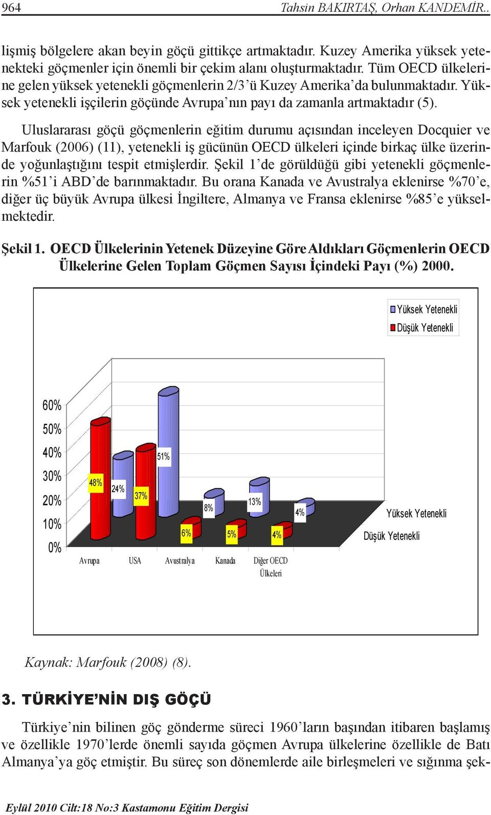 Uluslararası göçü göçmenlerin eğitim durumu açısından inceleyen Docquier ve Marfouk (2006) (11), yetenekli iş gücünün OECD ülkeleri içinde birkaç ülke üzerinde yoğunlaştığını tespit etmişlerdir.