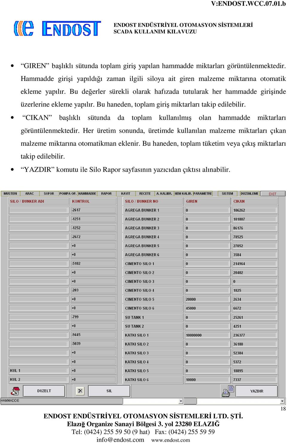 Bu değerler sürekli olarak hafızada tutularak her hammadde girişinde üzerlerine ekleme yapılır. Bu haneden, toplam giriş miktarları takip edilebilir.