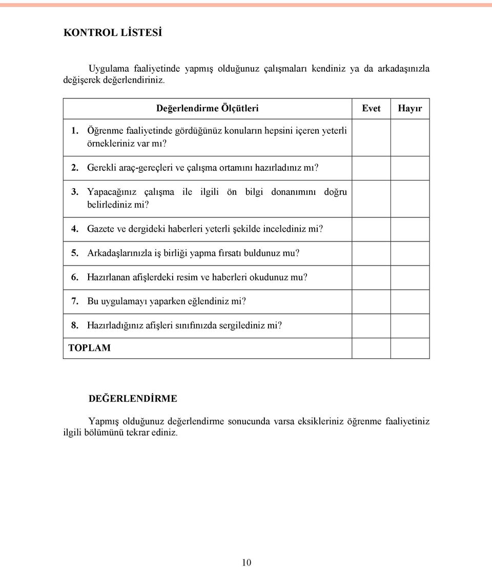 Yapacağınız çalışma ile ilgili ön bilgi donanımını doğru belirlediniz mi? 4. Gazete ve dergideki haberleri yeterli şekilde incelediniz mi? 5. Arkadaşlarınızla iş birliği yapma fırsatı buldunuz mu? 6.