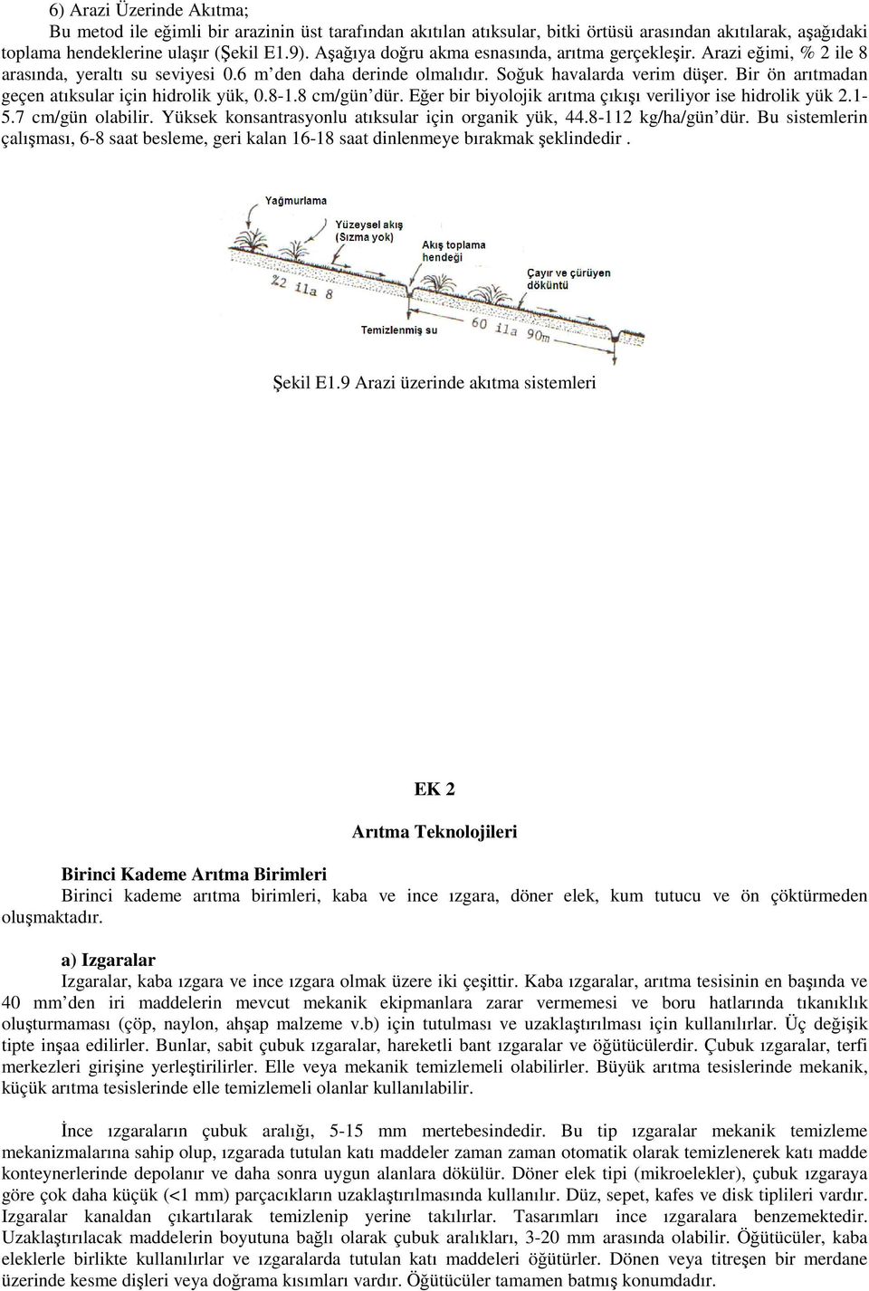 Bir ön arıtmadan geçen atıksular için hidrolik yük, 0.8-1.8 cm/gün dür. Eğer bir biyolojik arıtma çıkışı veriliyor ise hidrolik yük 2.1-5.7 cm/gün olabilir.