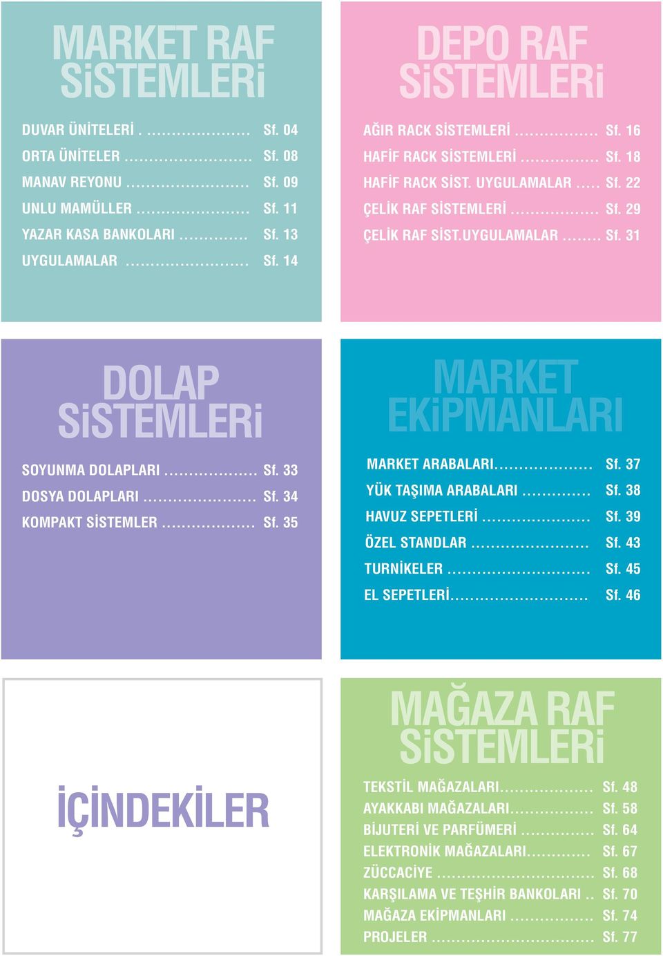 .. DOSYA DOLAPLARI... KOMPAKT SİSTEMLER... Sf. 33 Sf. 34 Sf. 35 MARKET ARABALARI... YÜK TAŞIMA ARABALARI... HAVUZ SEPETLERİ... ÖZEL STANDLAR... Sf. 37 Sf. 38 Sf. 39 Sf. 43 TURNİKELER... Sf. 45 EL SEPETLERİ.