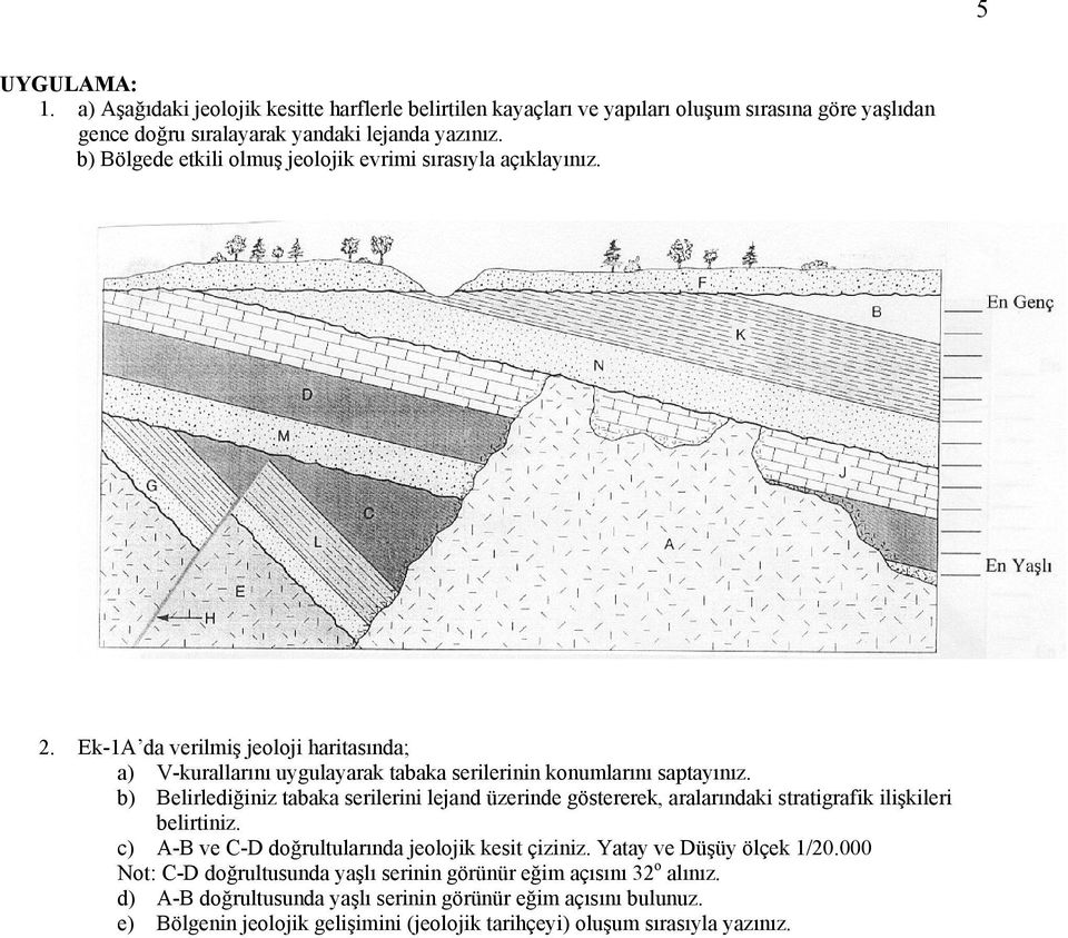 b) Belirlediğiniz tabaka serilerini lejand üzerinde göstererek, aralarındaki stratigrafik ilişkileri belirtiniz. c) A-B ve C-D doğrultularında jeolojik kesit çiziniz.