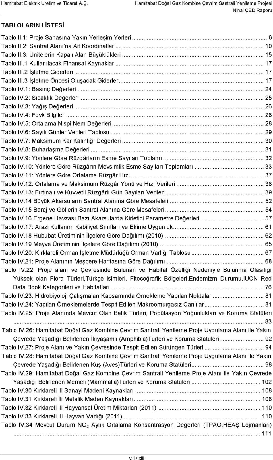 .. 25 Tablo IV.3: Yağış Değerleri... 26 Tablo IV.4: Fevk Bilgileri... 28 Tablo IV.5: Ortalama Nispi Nem Değerleri... 28 Tablo IV.6: Sayılı Günler Verileri Tablosu... 29 Tablo IV.